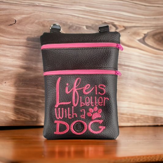 DOG WALKING BAG with Matching adjustable strap - Black with 'Life is better with a Dog' Design