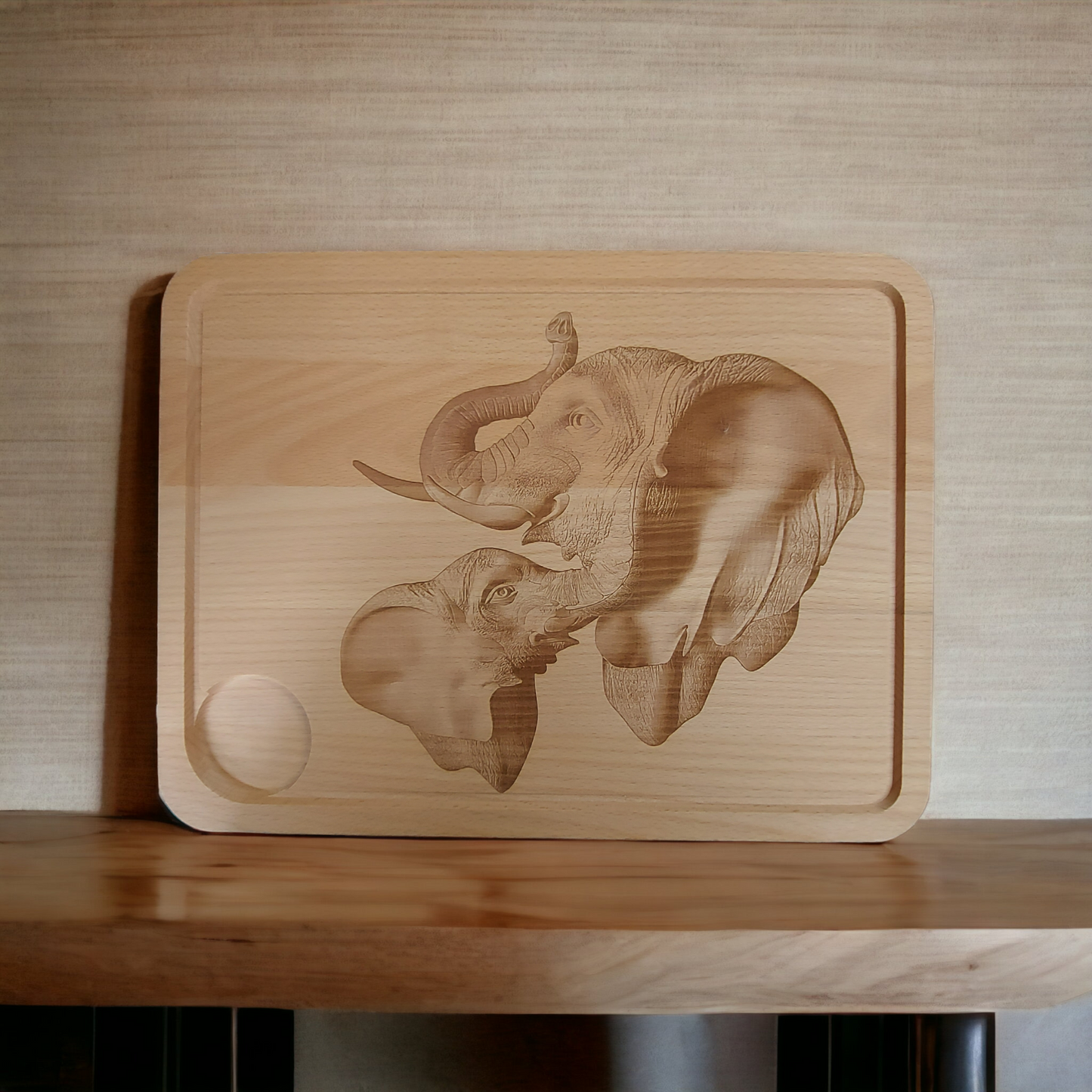 Large Beech Wood Chopping Board - Engraved 3D image of Elephants