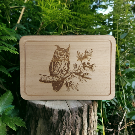 Beech Chopping Board Medium Rectangle  - engraved Owl on Oak Branch