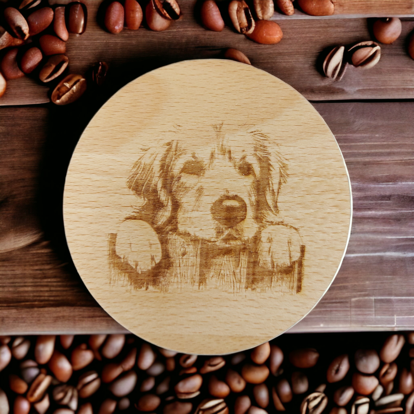 Beech Wood Round Coaster  - engraved Golden Retriever image