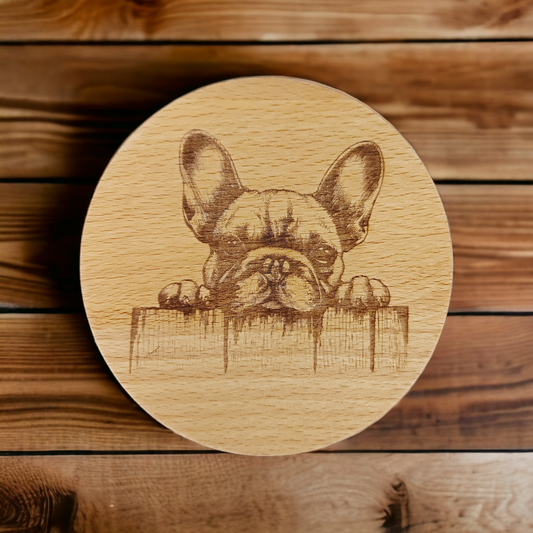 Beech Wood Round Coaster  - engraved Frenchie / French Bulldog