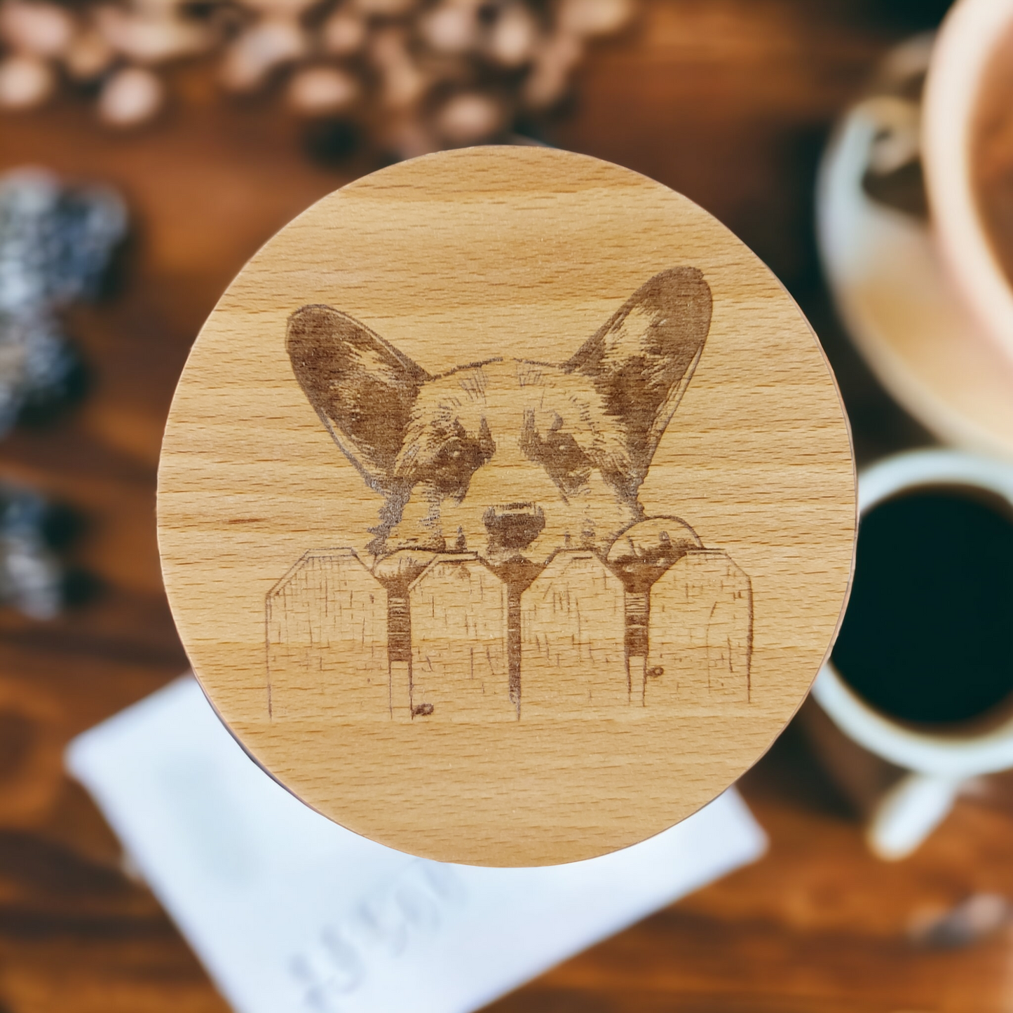 Beech Wood Round Coaster  - engraved Corgi