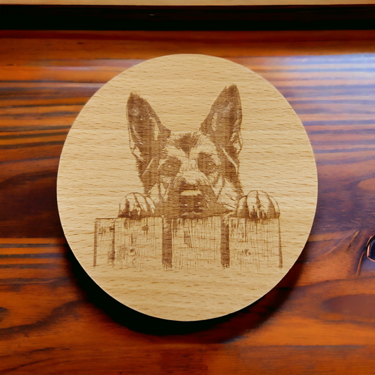 Beech Wood Round Coaster  - engraved Alsation / German Shepherd image