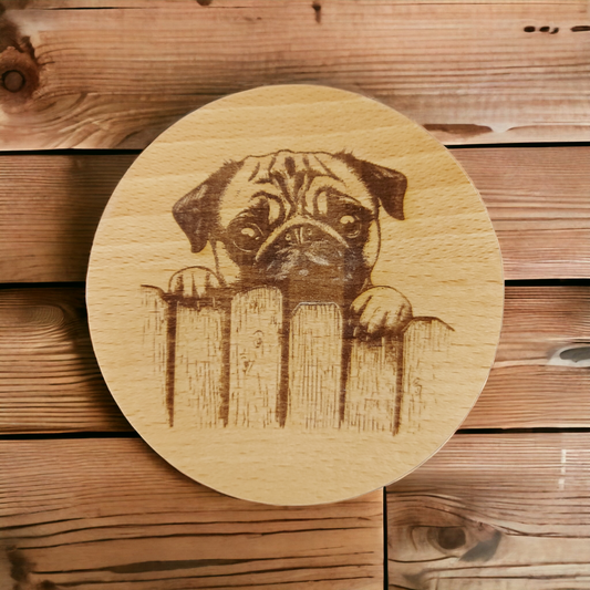 Beech Wood Round Coaster  - engraved Pug