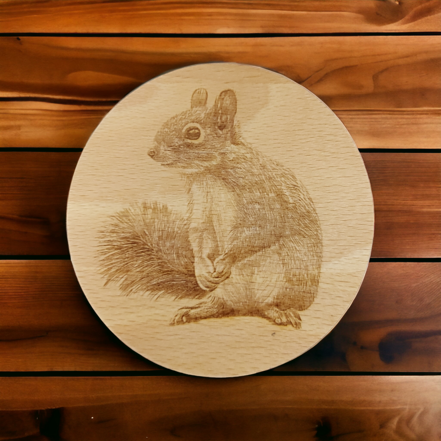 Beech Wood Round Coaster  - engraved Squirrel image