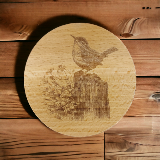 Beech Wood Round Coaster  - engraved Wren on tree stump image