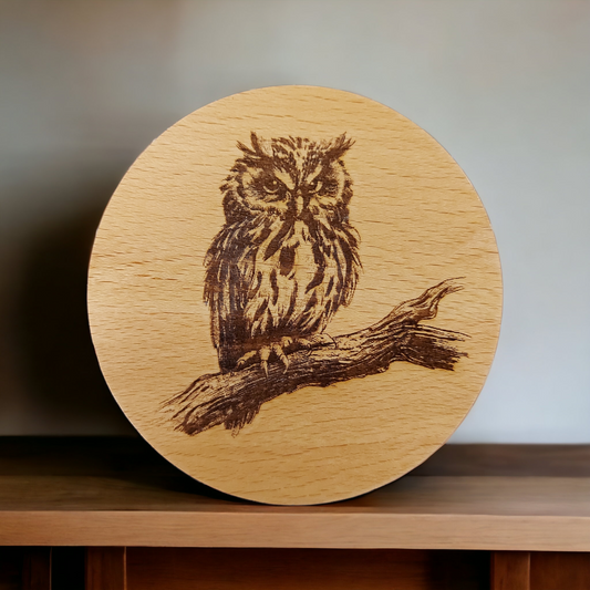 Beech Wood Round Coaster  - engraved Owl on Branch image