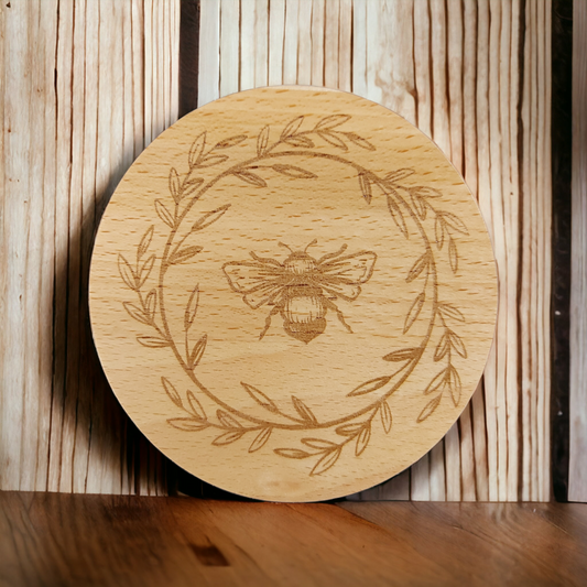 Beech Wood Round Coaster  - engraved Bee in wreath image