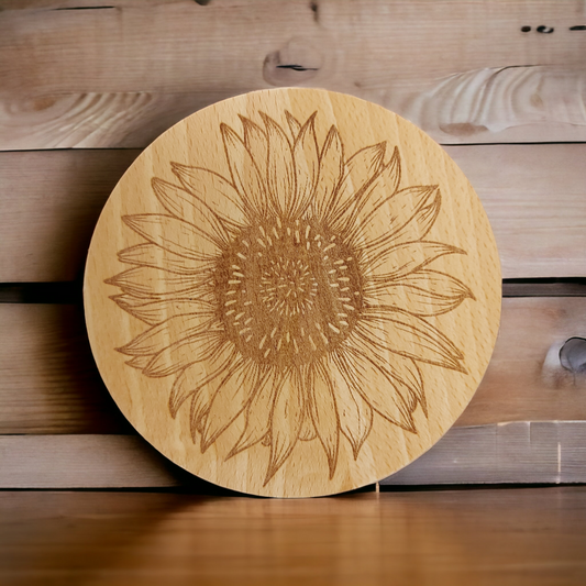 Beech Wood Round Coaster  - engraved Sunflower image