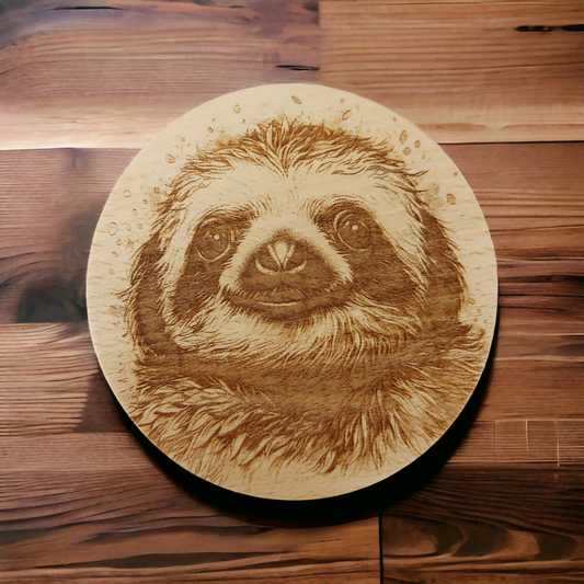 Beech Wood Round Coaster  - engraved Sloth image