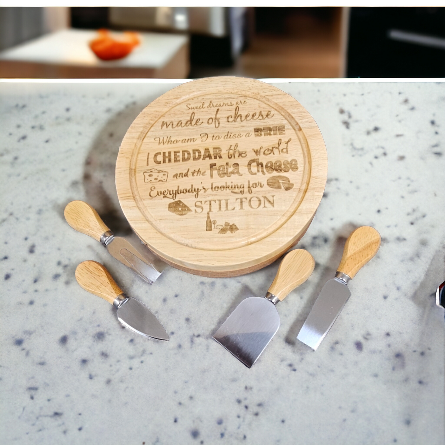 Wood Cheese Serving Set - Engraved detailing - integrated knife compartment