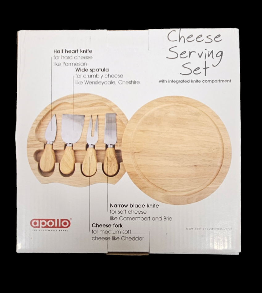 Wood Cheese Serving Set - Engraved detailing - integrated knife compartment