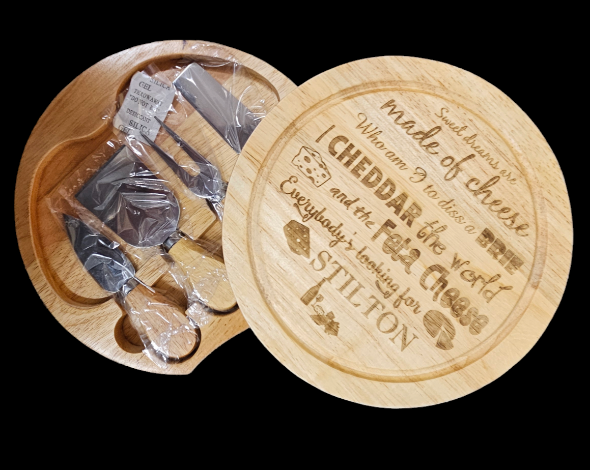 Wood Cheese Serving Set - Engraved detailing - integrated knife compartment