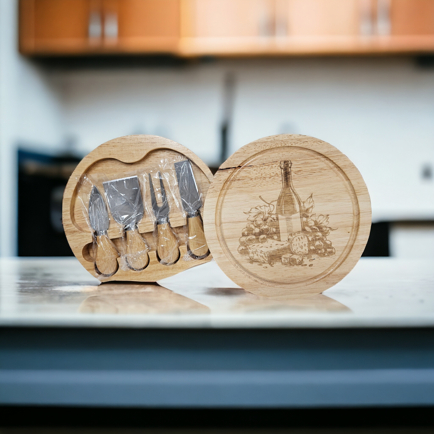 Wooden Cheese Serving Set - Engraved detailing - integrated knife compartment