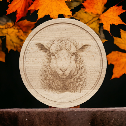 Small Round Beech Chopping Board - engraved Sheeps face