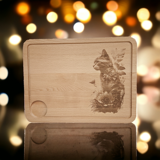 Large Beech Wood Chopping Board - 3D Engraved image of Cat