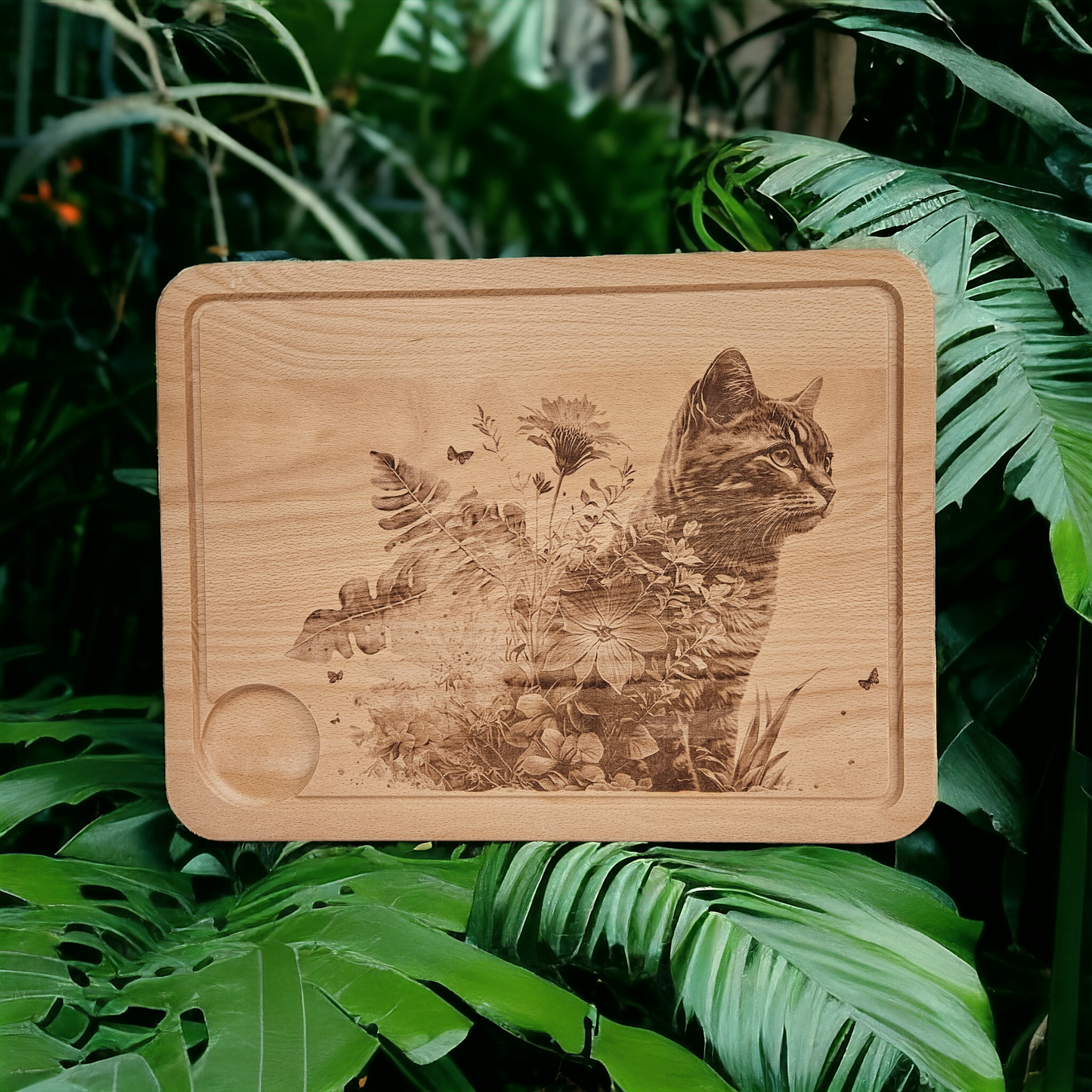 Large Beech Wood Chopping Board - 3D Engraved image of Cat