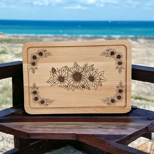 Beech Chopping Board Medium Rectangle  - engraved Sunflowers