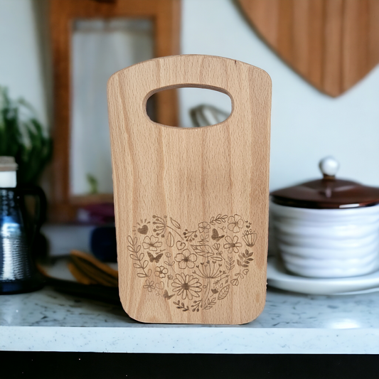 Small Curved Rectangular Beech Chopping Board With Handle - engraved Floral Heart design