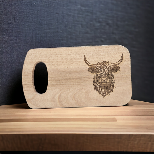 Small Curved Rectangular Beech Chopping Board With Handle - engraved Highland Cow design