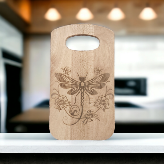 Small Curved Rectangular Beech Chopping Board With Handle - engraved Dragonfly design