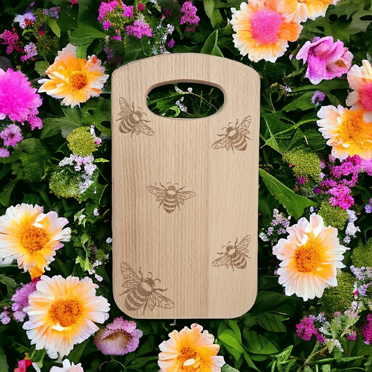 Small Curved Rectangular Beech Chopping Board With Handle - engraved Bee design