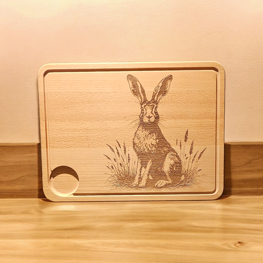 Large Beech Wood Chopping Board - Engraved 3D image of Hare