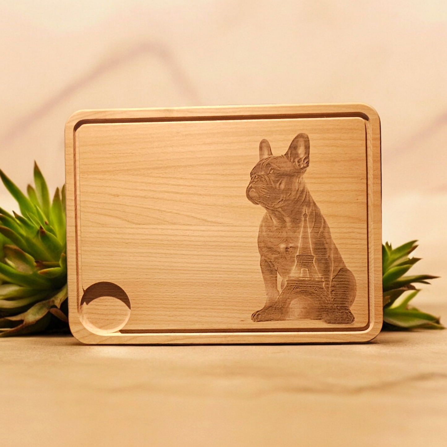 Large Beech Wood Chopping Board - Engraved 3D image of French Bulldog, Frenchie