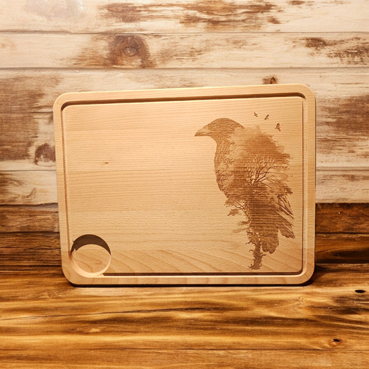 Large Beech Wood Chopping Board - Engraved 3D image of Raven