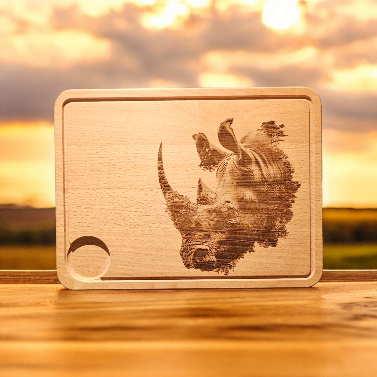 Large Beech Wood Chopping Board - Engraved 3D image of Rhino