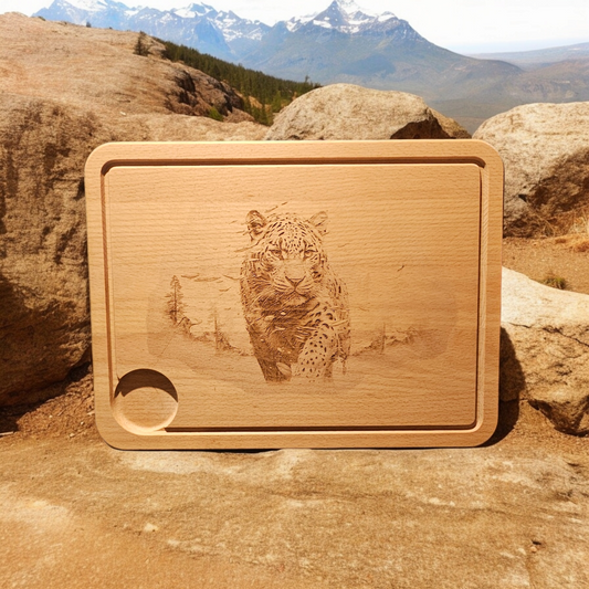 Large Beech Wood Chopping Board - Engraved 3D image of Leopard