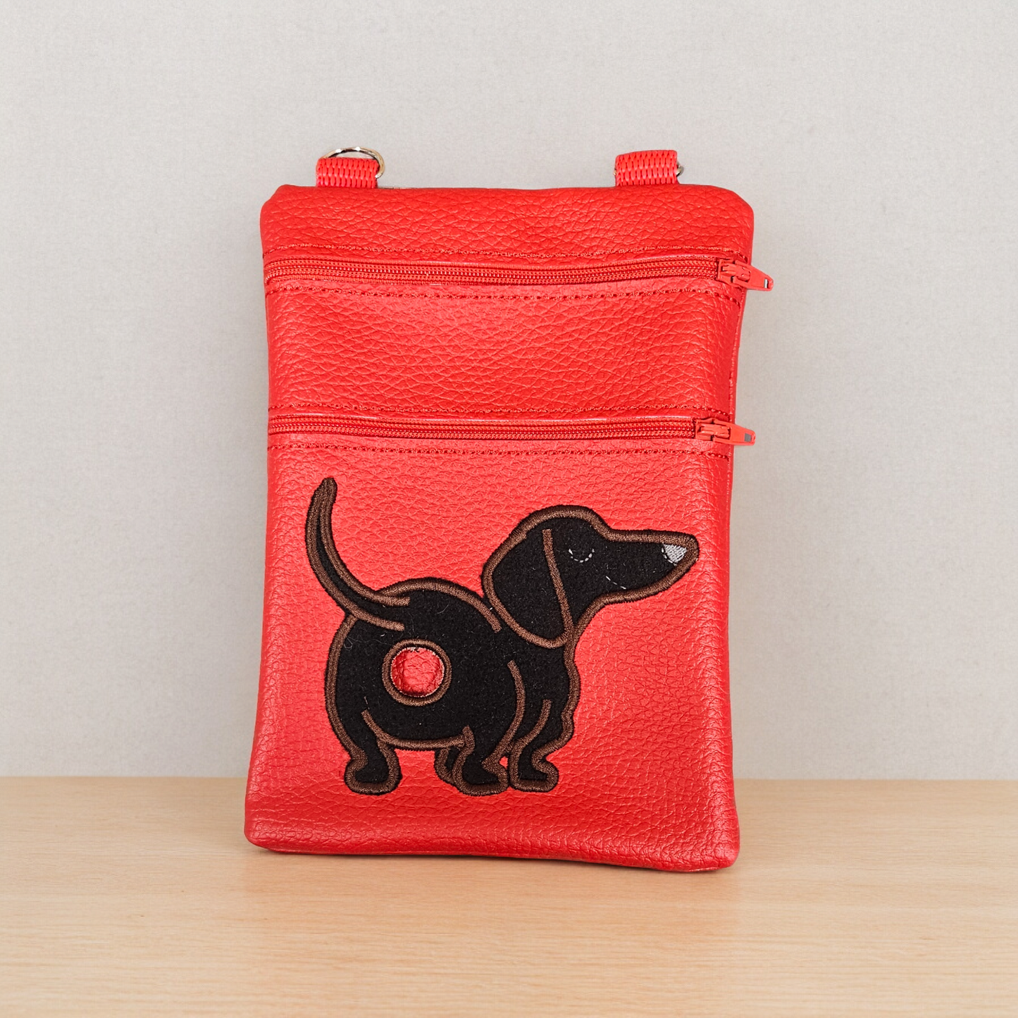 DOG WALKING BAG with Matching adjustable strap - Orange with brown Dachshund