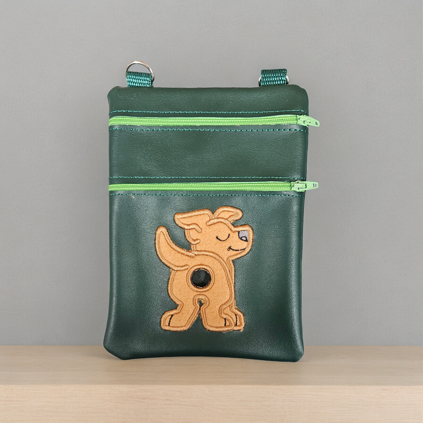 DOG WALKING BAG with Matching adjustable strap - Green with Beige Dog design