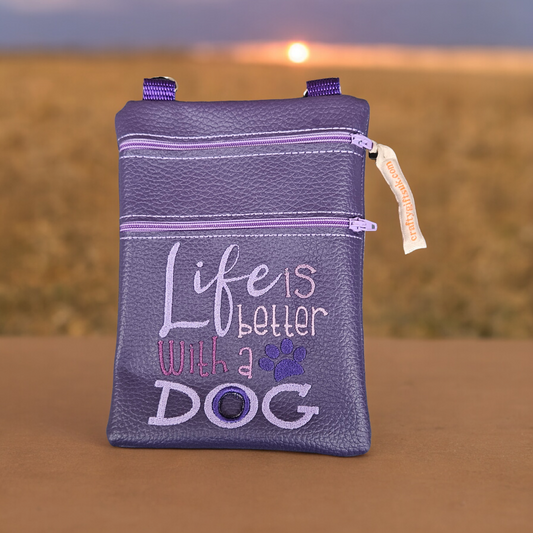 DOG WALKING BAG with Matching adjustable strap - Purple with Life is better with a Dog design