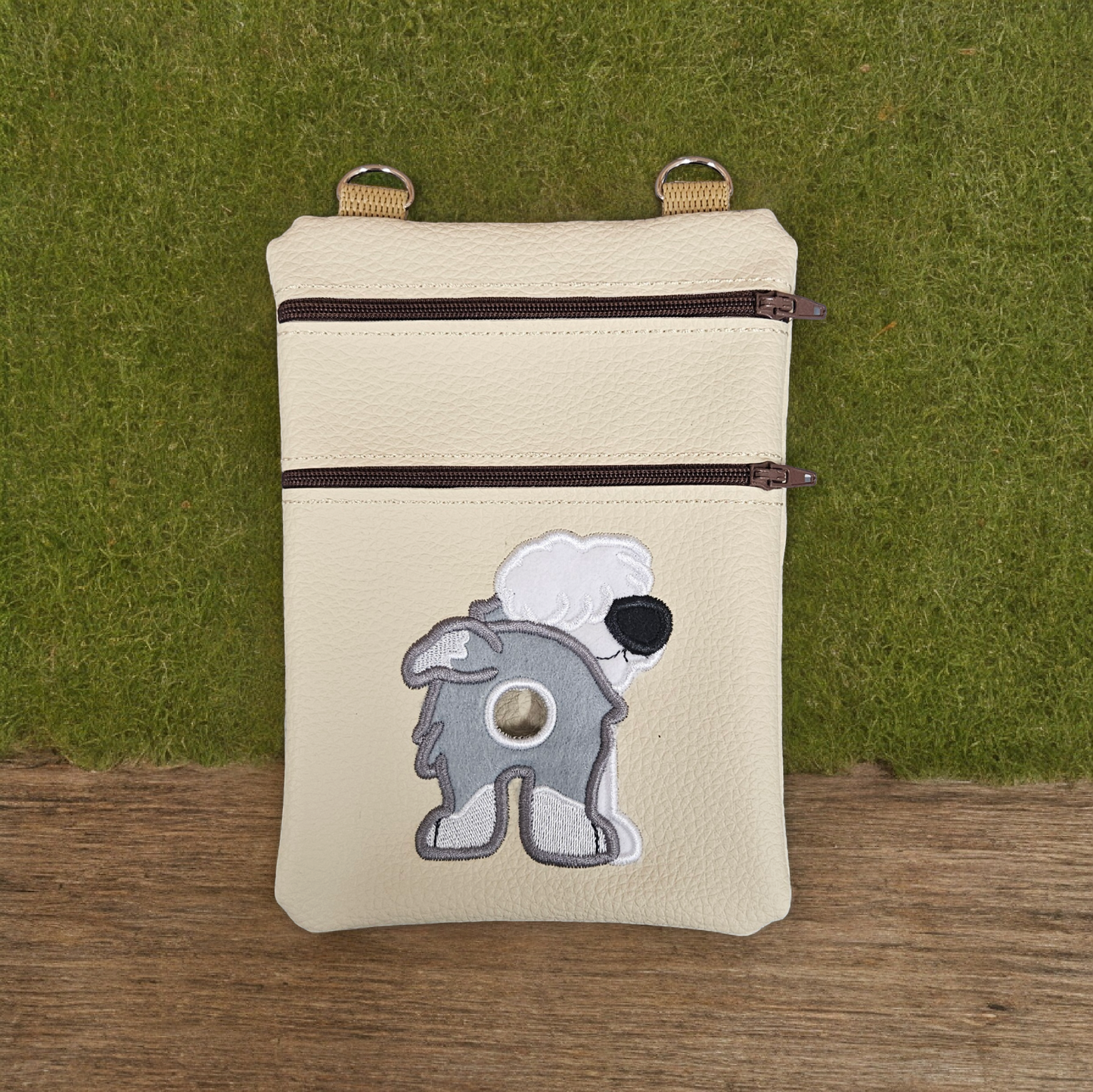 DOG WALKING BAG with Matching adjustable strap - Beige with Old English Sheepdog design