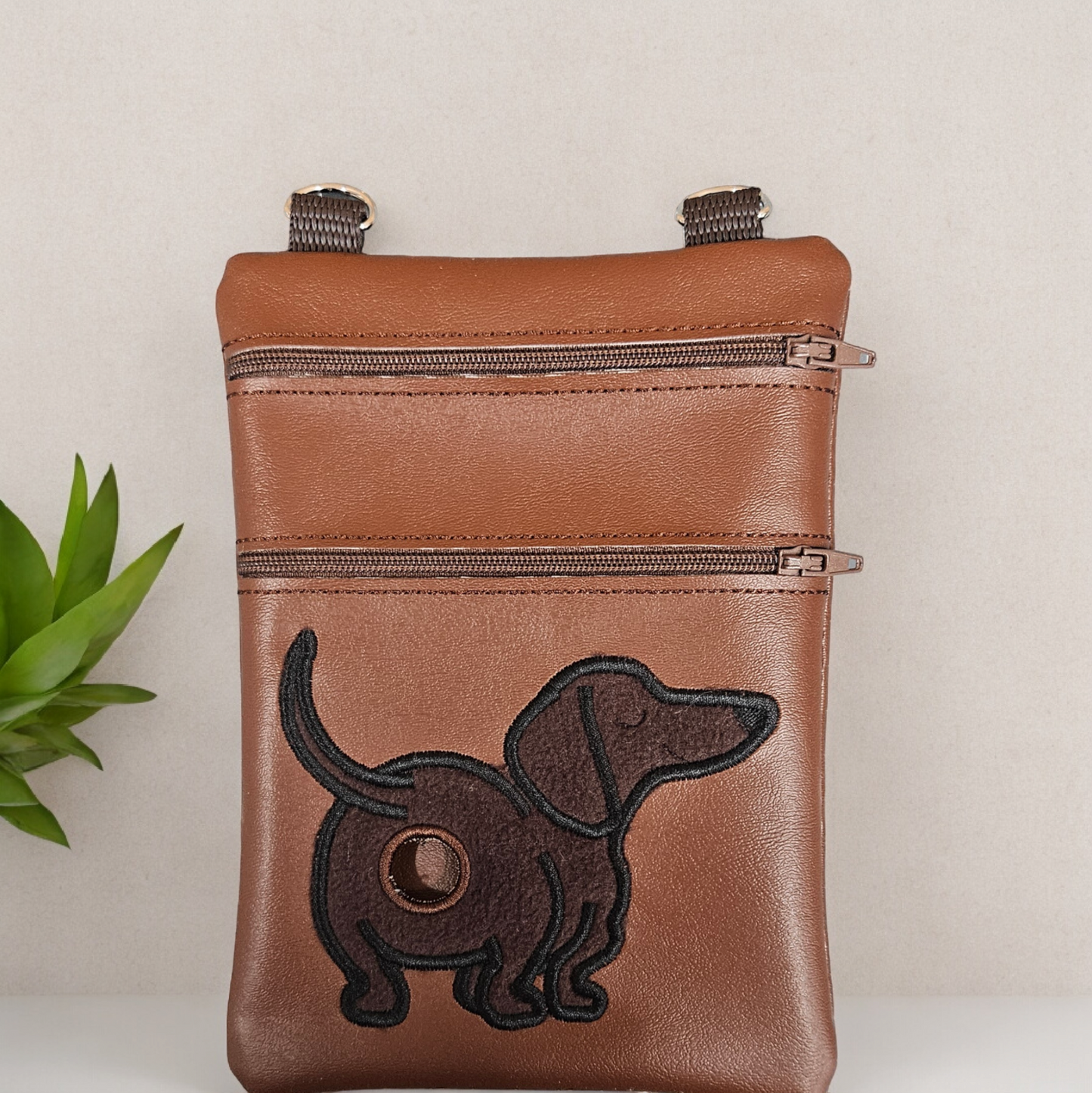 DOG WALKING BAG with Matching adjustable strap - Tan Brown with Dachshund design