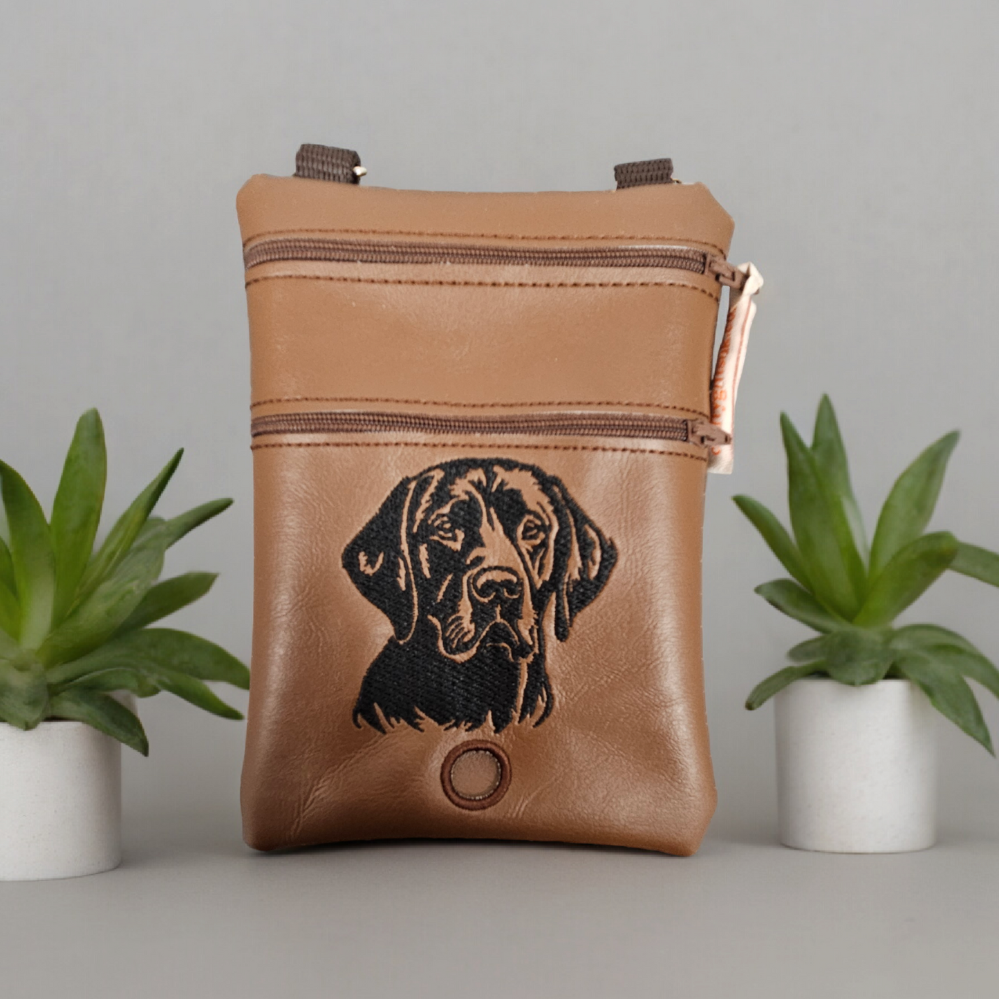 DOG WALKING BAG with Matching adjustable strap - Brown  with Black Labrador dog design