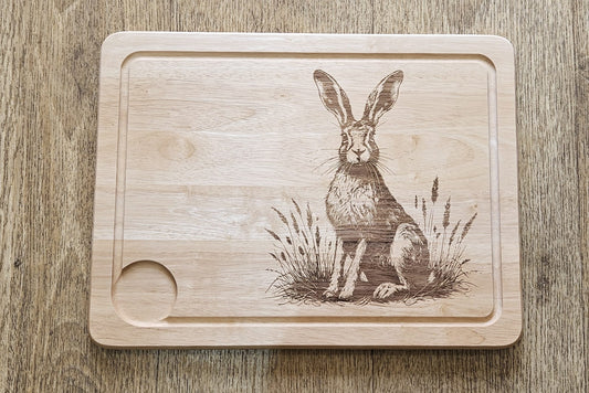 Large Hevea Wood Chopping Board - Laser Engraved image of Hare