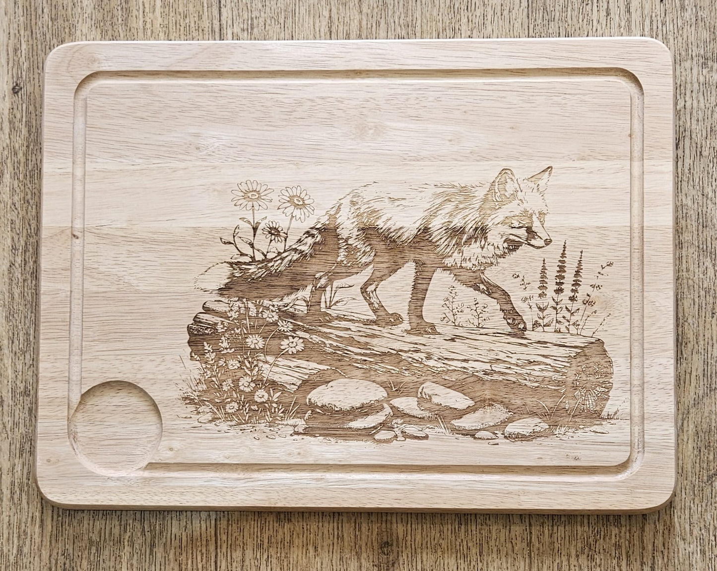 Large Hevea Wood Chopping Board - Laser Engraved image of Fox on Tree