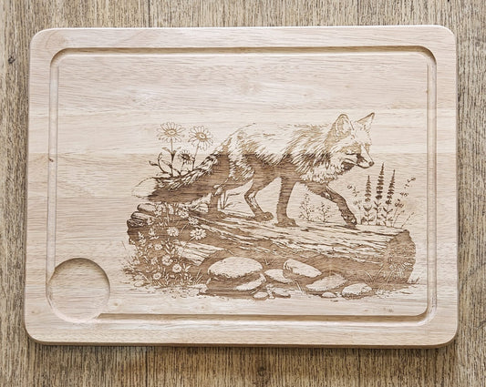 Large Hevea Wood Chopping Board - Laser Engraved image of Fox on Tree