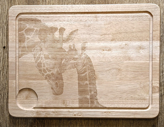 Large Hevea Wood Chopping Board - Engraved image of Giraffes