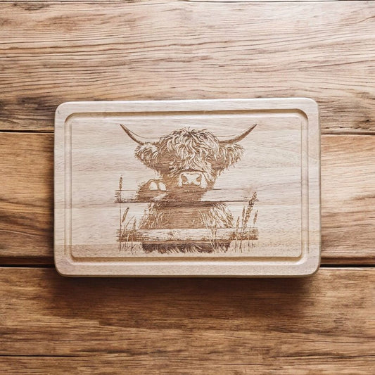 Hevea Wood Chopping Board Medium Rectangle  - engraved Highland Cow