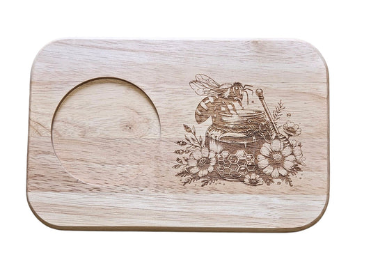 MUG BOARD - Hevea Wood Laser engraved Mug Board - Bee on jar of HOney