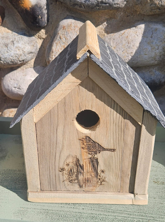 Bird Nest Box - Recycled Wood - slate roof