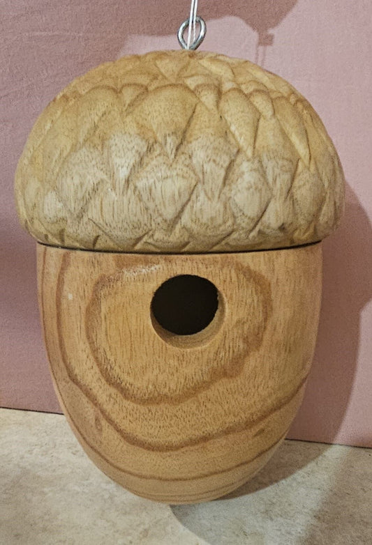 Wooden Acorn Shaped Bird House - hanging