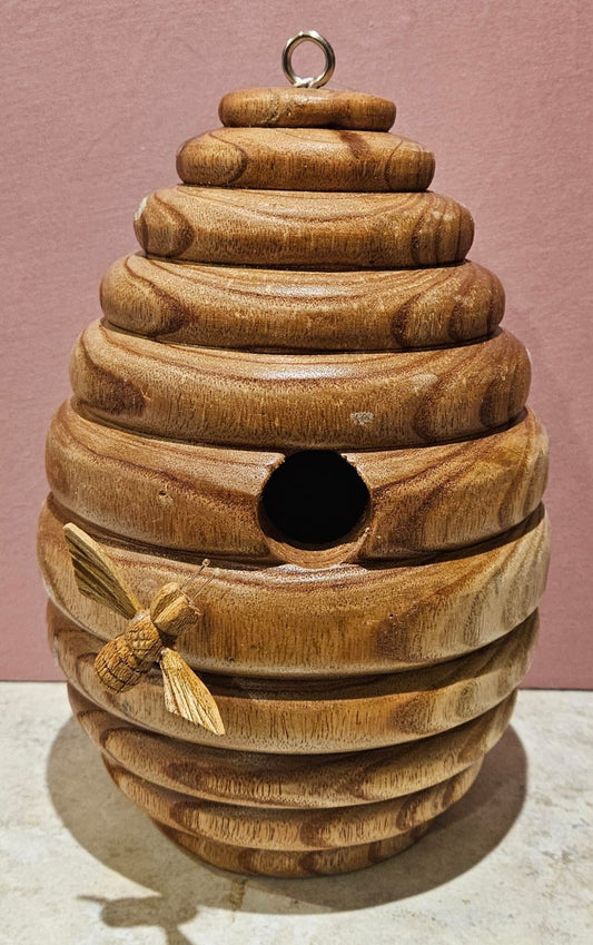 Wooden Beehive Shaped Bird House - Freestanding or hanging