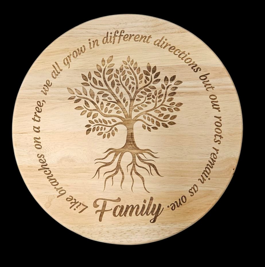 Lazy Susan – 35cm Hevea Wood - Engraved Family Tree Design