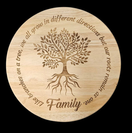 Lazy Susan – 35cm Hevea Wood - Engraved Family Tree Design