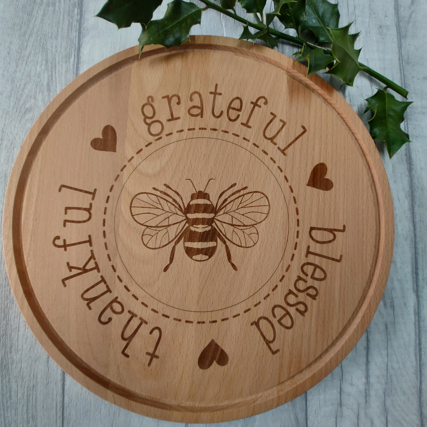 Beech Wood Chopping Board - Bee Thankful, Grateful, Blessed