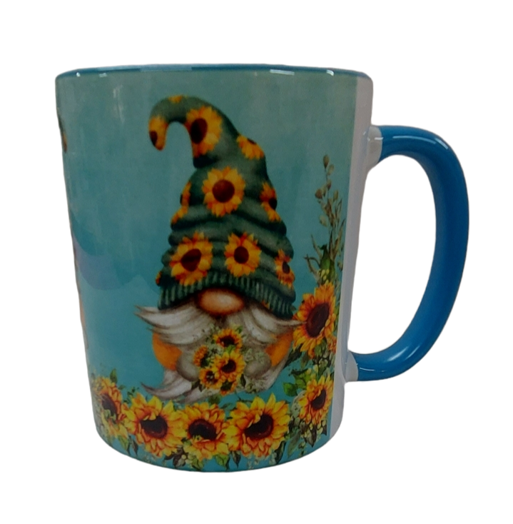 MUG - BLUE WITH GONKS / GNOMES AND SUNFLOWERS